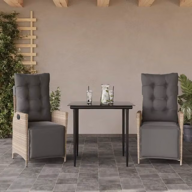 Set Pranzo da Giardino 3pz con Cuscini Grigio Chiaro Polyrattan 3213462