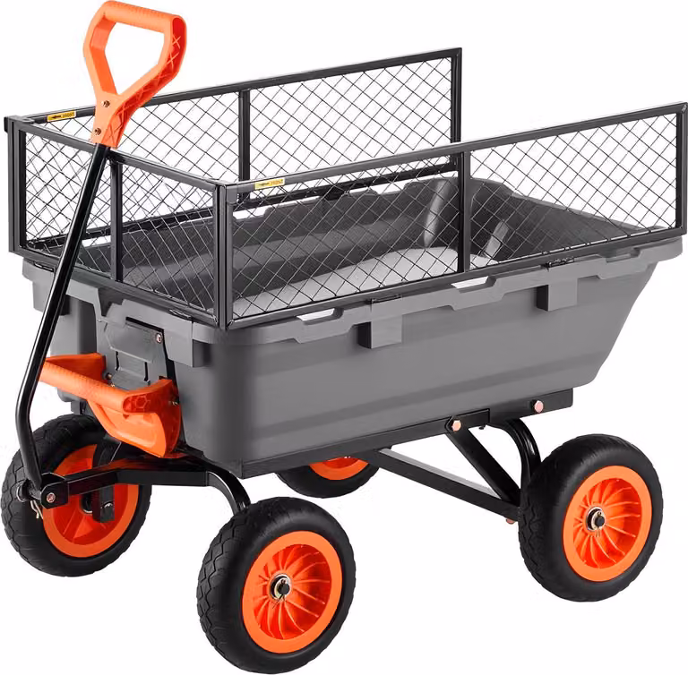 Carrello da giardino SucceBuy con funzione di ribaltamento, capacità di carico 362 kg, robusto carrello di trasporto in plastica e acciaio con funzione di rotazione a 270°, ruote in gomma da 10 pollici e griglia metallica per lavori di giardinaggio su pra