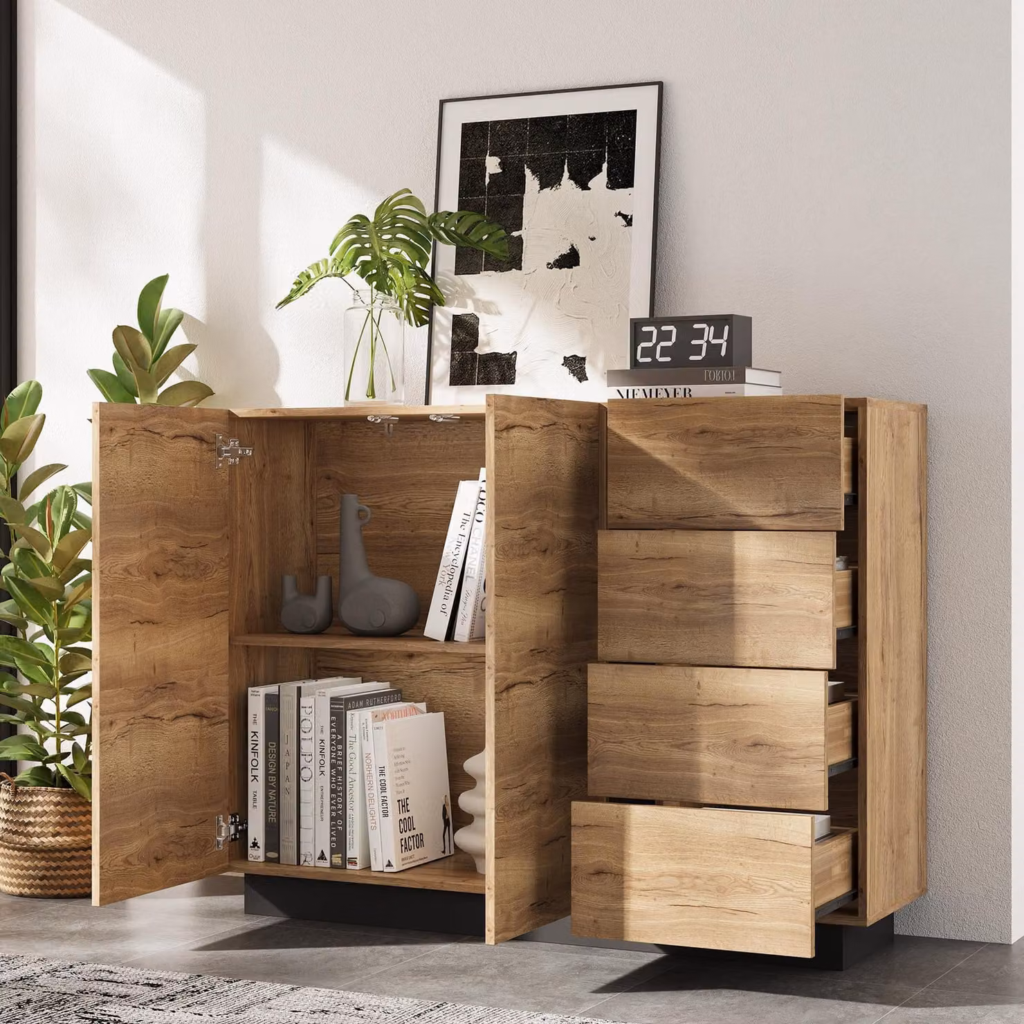 okwish Comò / mobile da soggiorno con cassetti, credenza con spazio contenitore, armadio con doppia anta, naturale
