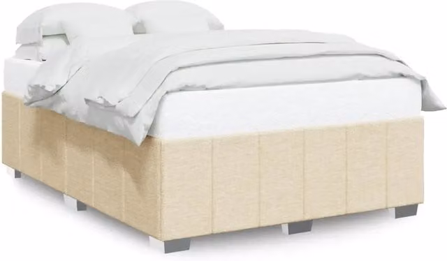 Letto matrimoniale moderno in tessuto beige con struttura in legno di pino e doghe in legno L/P/H: 140 x 200 cm