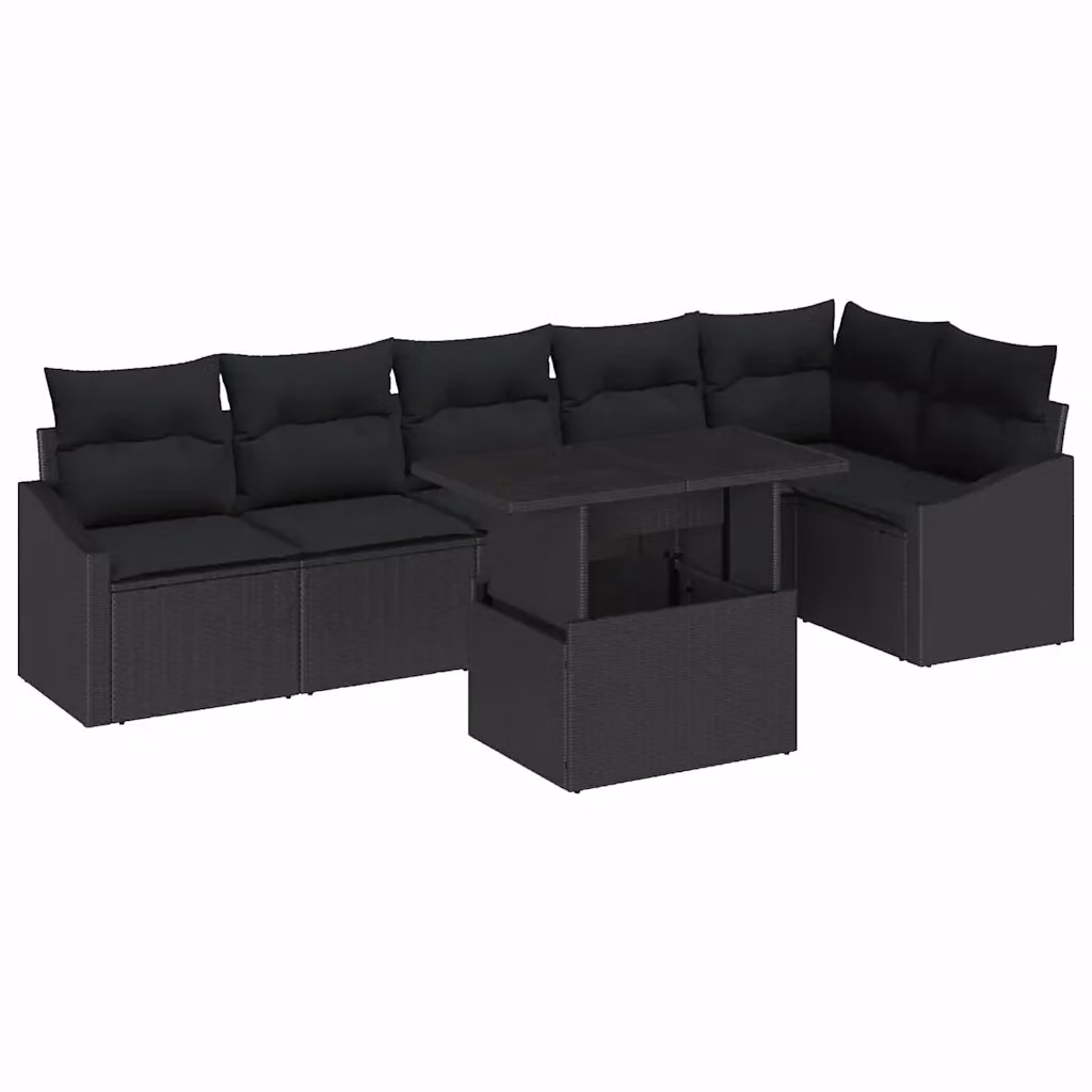 Set Divano da Giardino vidaXL a Forma di L con 7 Pezzi, Nero, con Cuscini e Tavolino da Esterno in Polyrattan e Acciaio – 2