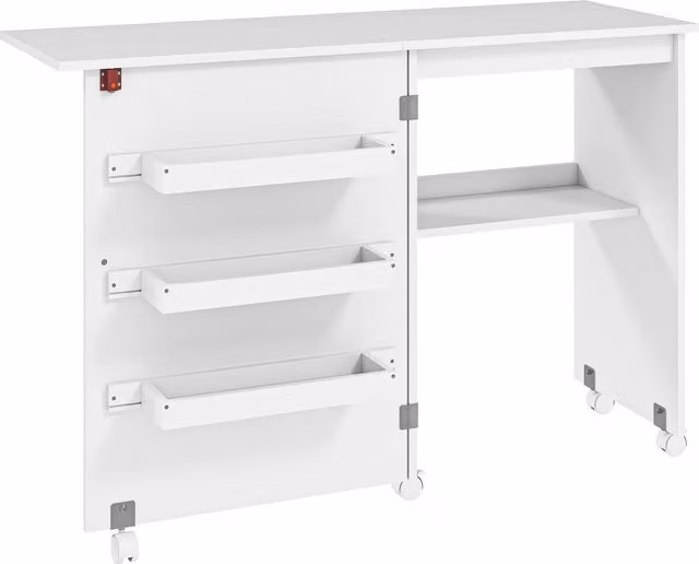 Carrello per macchina da cucire pieghevole HOMCOM con piano ampio, 3 contenitori e mensola inferiore, bianco