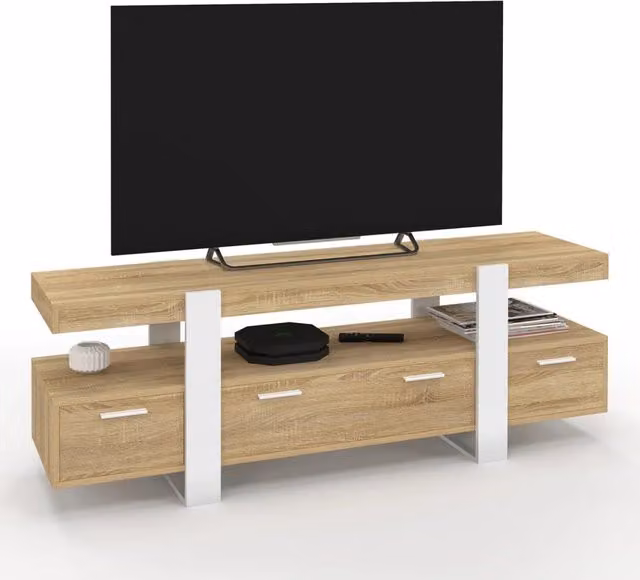IDMarket Porta TV PHOENIX moderno con cassetti in legno e finitura bianco e beige L: 140 cm, P: 40 cm, H: 50 cm