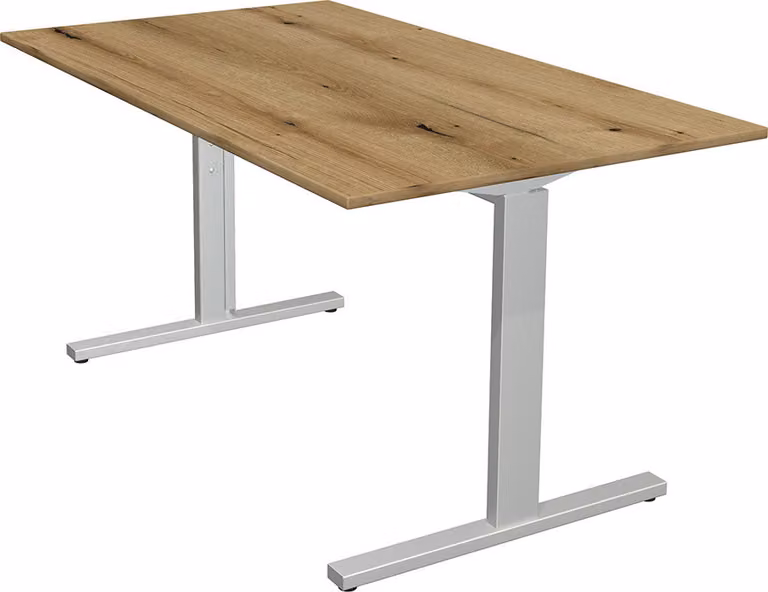 Scrivania Kerkmann Form 2 140x80x70-82 cm, base a T in alluminio argento, rovere nodoso