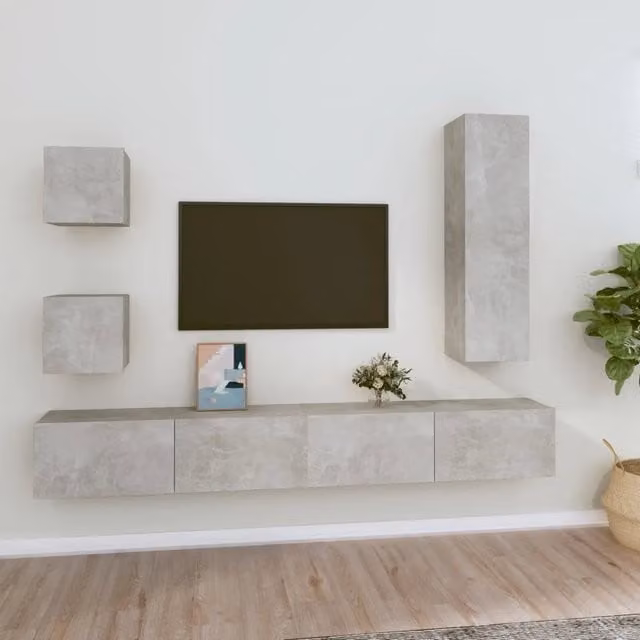 Set di Mobili Porta TV 5 pz-Set di 5 Credenza per TV Grigio Cemento in Legno Multistrato 443411