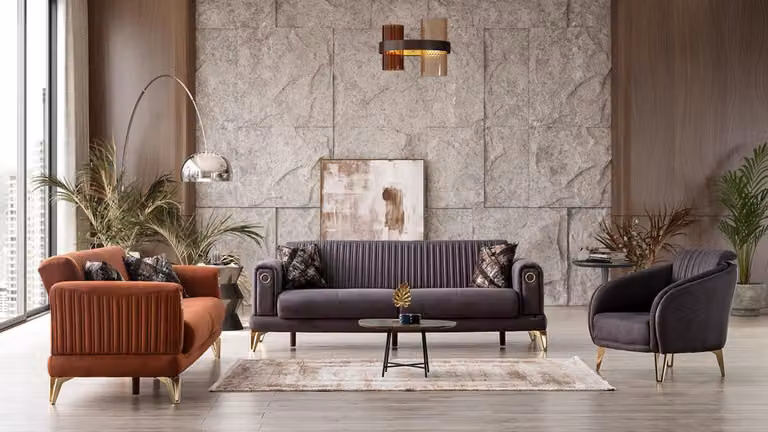 Komfortable Sofagarnitur 3+3+1 Sitzer Terrakota Couch Polster Sitzgarnitur
