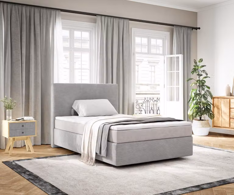 Letto boxspring DELIFE Dream-Well 120x200 cm in velluto a coste grigio argento con materasso a molle insacchettate e topper in viscoelastico