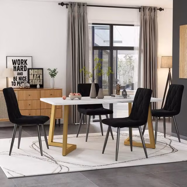 Set pranzo con 1 tavolo 117x68 cm e 4 sedie in velluto nero, gambe dorate
