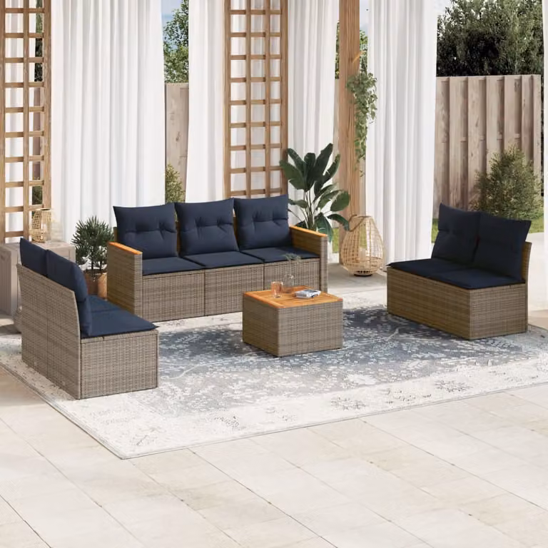 Set da giardino vidaXL composto da 8 pezzi con cuscini e tavolino da esterno in rattan e legno di acacia, colore grigio e blu