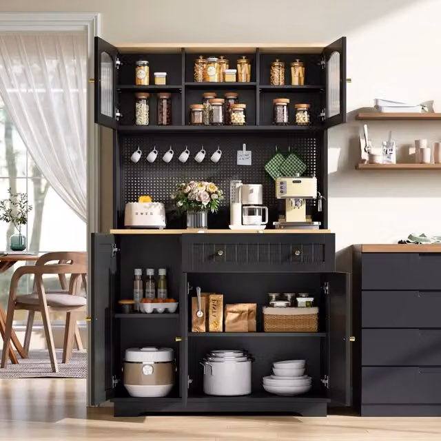 Vetrina alta nera 103,5x40x180 cm con porta e ripiani regolabili in lamiera forata