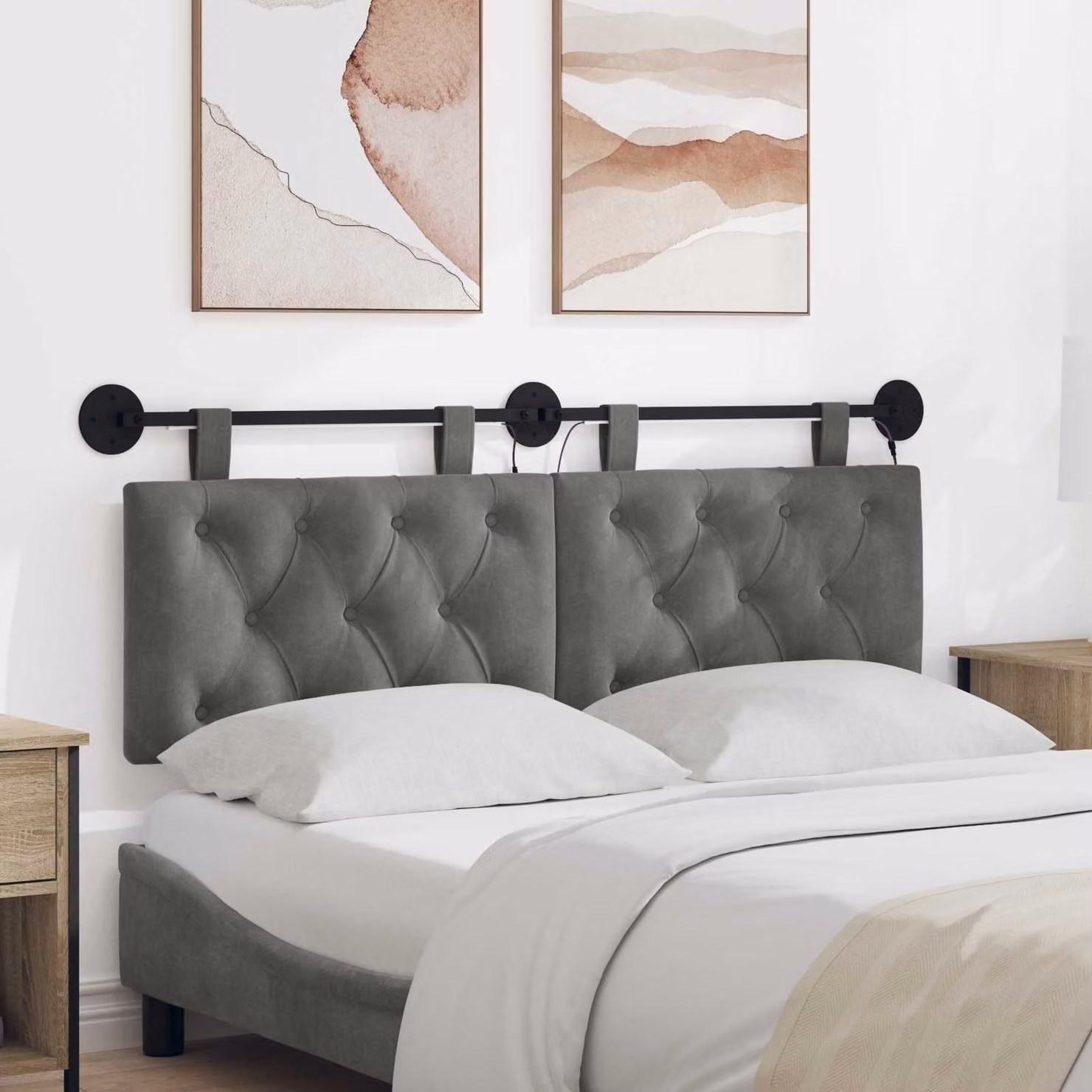vidaXL Testiera del letto sospesa in velluto grigio con illuminazione integrata L: 150 cm, H: 55 cm, P: 7 cm