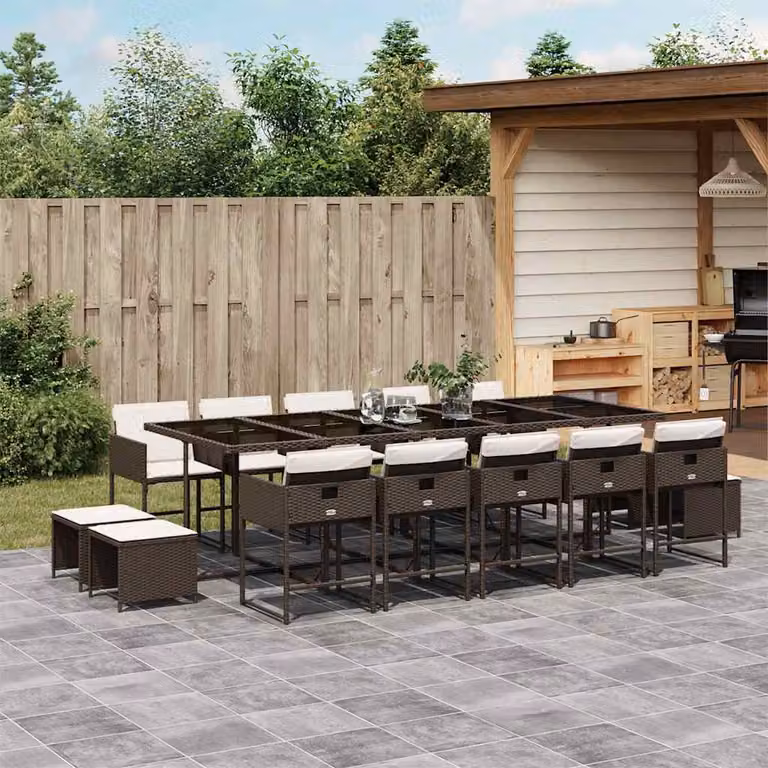 vidaXL Set da Pranzo da Giardino 15 pz in Polyrattan Marrone con Cuscini e Piano in Vetro