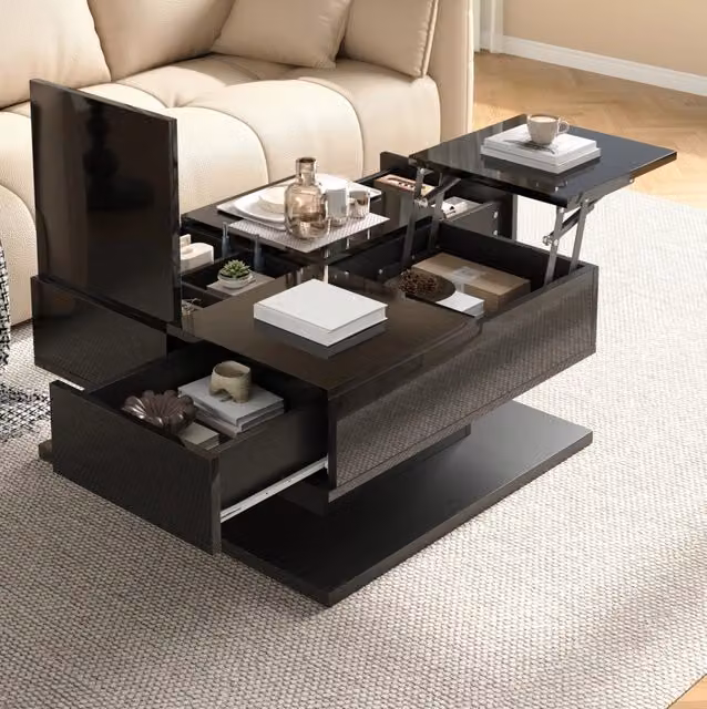Tavolino da salotto multifunzione 72x72x35 cm con LED; piano sollevabile; cassetti; nero