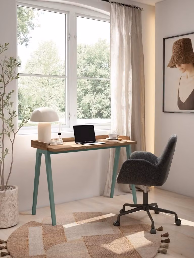 Scrivania Herdasa in stile minimalista con piano effetto noce e gambe in faggio, colore verde e marrone, L: 110,4 cm, P: 81 cm, H: 76 cm – 2