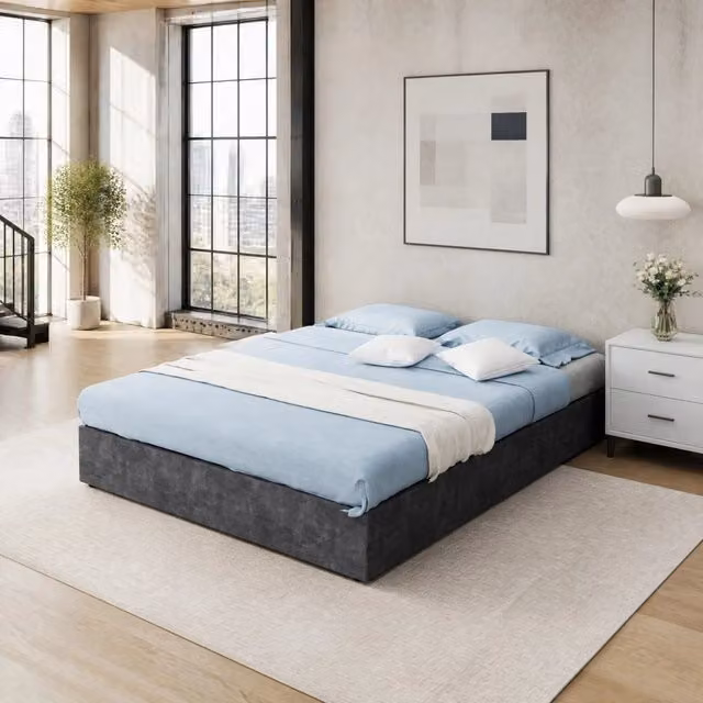Letto Mivray moderno rivestito in tessuto grigio con decoro geometrico L/P: 140 x 200 cm