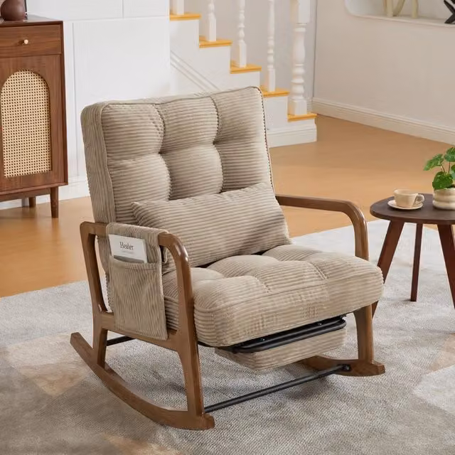 Poltrona Dondolo Minimal con Poggiapiedi in Velluto Corduroy Beige e Struttura in Legno Massello, Schienale Regolabile e Cuscino Lombare