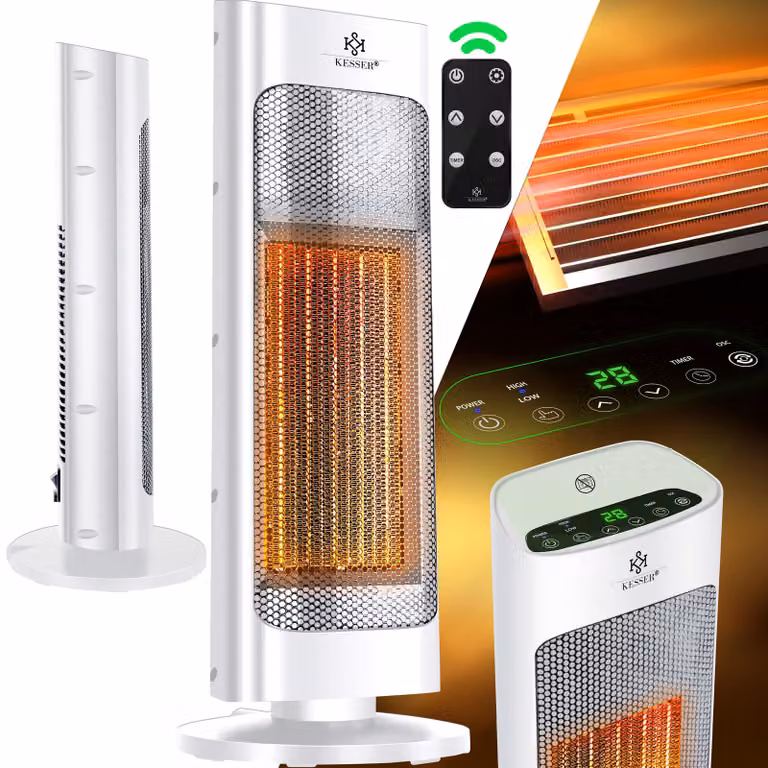 Riscaldatore KESSER® con telecomando, a basso consumo energetico, silenzioso, 2000W, riscaldatore ceramico, riscaldatore da pavimento, con termostato regolabile da 15 a 30°C. Riscaldatore rapido con funzione di oscillazione a 80°, timer da 24 ore. Riscald