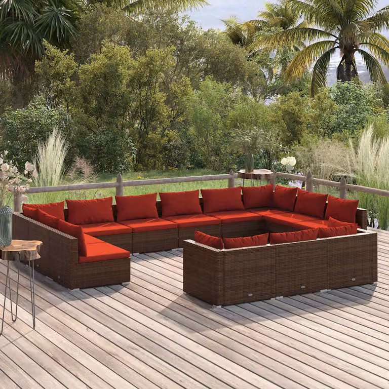 Set di divani da giardino vidaXL a forma di U composto da 13 pezzi con cuscini imbottiti in polyrattan marrone e rosso e struttura in metallo