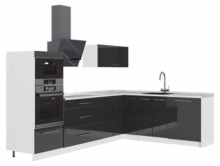 Cucina angolare completa Vicco Fame-Line Antracite lucido/Bianco 287 x 207 cm, PL Marmo, Model 63527
