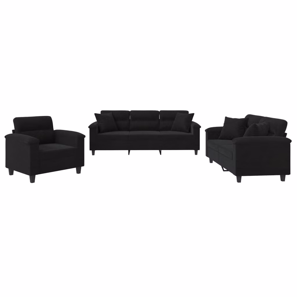Set Divani 3 pz con Cuscini Nero in Tessuto Microfibra