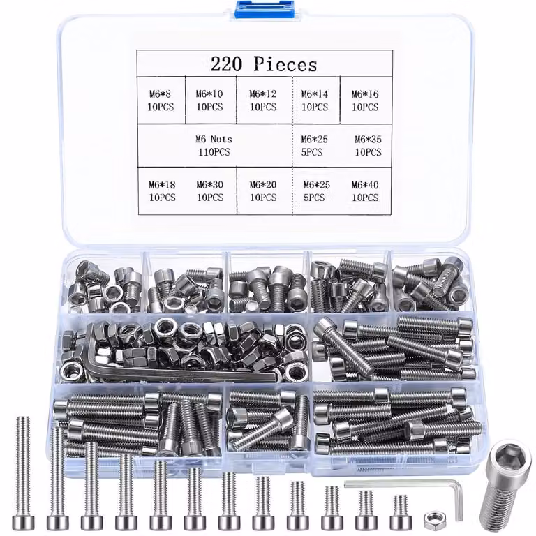 Set di viti M6 in acciaio inossidabile: viti a testa esagonale con dadi e rondelle, 220 pezzi, inclusi 2 chiavi inglesi, colore argento