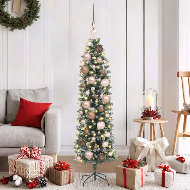 Albero di Natale Artificiale Sottile vidaXL Verde e Bianco con LED Bianco Caldo