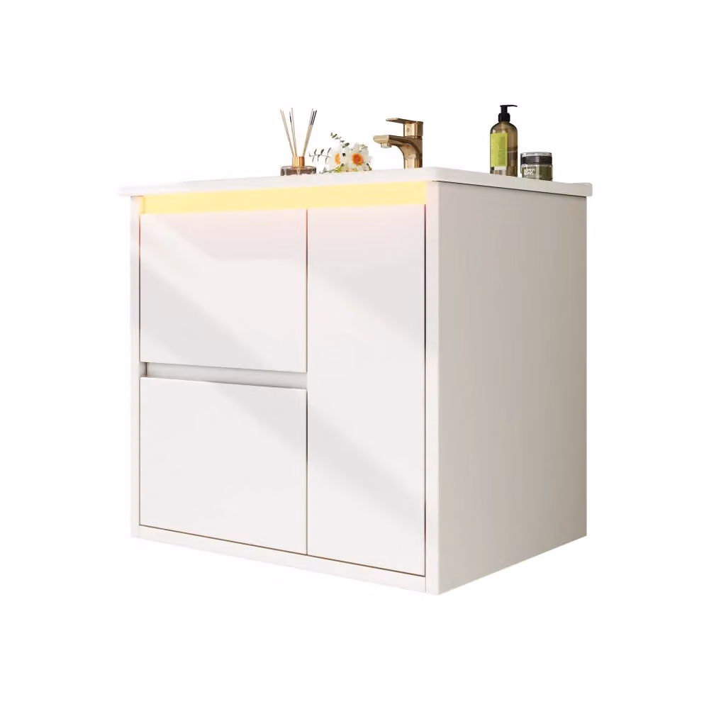 Mobile Sottolavabo Sospeso Minimal Bianco con Lavabo Integrato in Ceramica, Illuminazione LED e Chiusura Soft-Close, L: 61 cm, P: 46.5 cm, H: 57 cm – 2