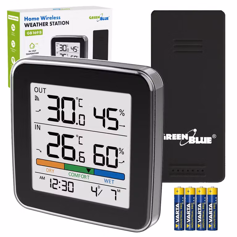 Stazione meteorologica Funk, temperatura e umidità (interna/esterna), orologio, sveglia e data, °C / °F, portata fino a 60 metri, colore nero, modello GB169 B + 4 batterie Varta Industrial