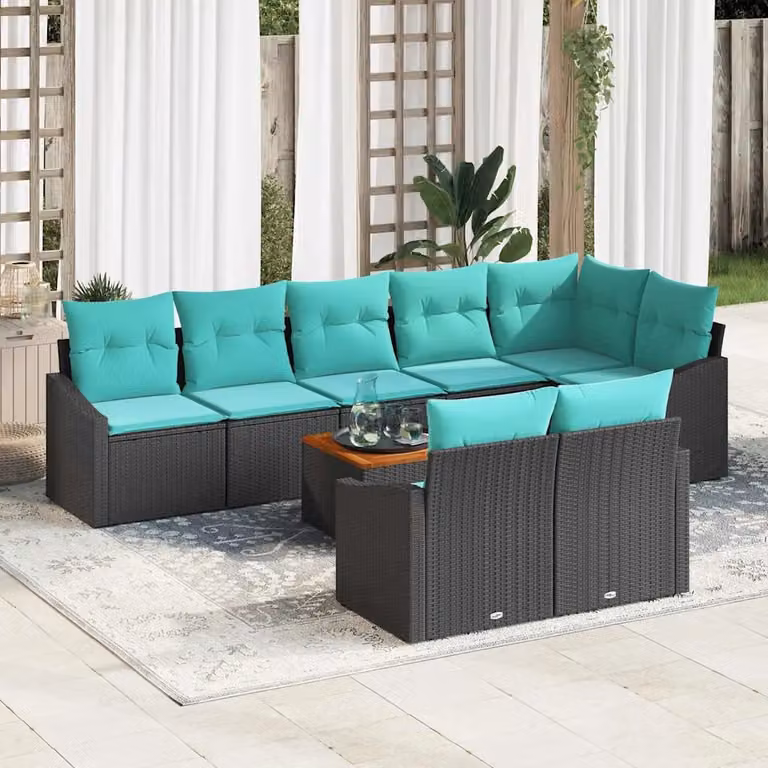 Set Divano da Giardino vidaXL 9 pz in Polyrattan Nero con Legno di Acacia e Cuscini Turchesi
