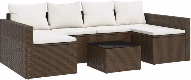 Set di mobili da giardino Outsunny in stile moderno con divani e tavolino, composto da un divano a 3 posti, un divano a 2 posti e un tavolino da caffè, con cuscini bianchi e struttura in resina marrone e acciaio verniciato a polvere