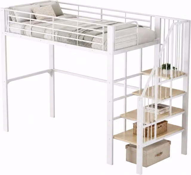 Letto a soppalco 90x200 cm con scala e spazio sottostante; metallo e legno; bianco