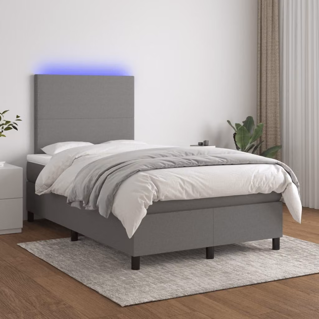The Living Store Letto a molle con materasso e LED in tessuto grigio scuro 120x200 cm