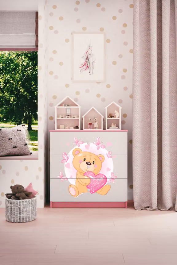 Cassettiera per bambini con cassetti orsetto farfalle nel colore rosa Babydreams