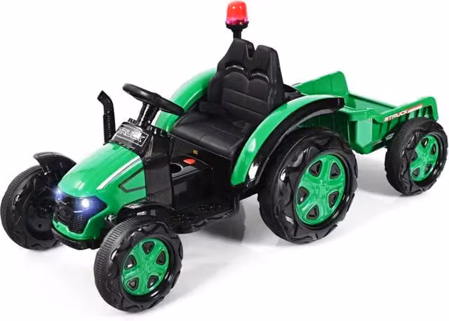 Trattore elettrico per bambini con rimorchio e telecomando, Trattore giocattolo con cintura di sicurezza Verde