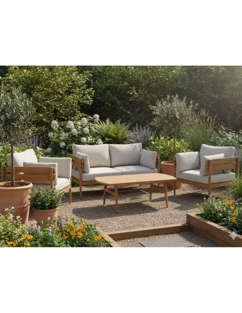 Set da giardino Meublorama SELVANO composto da divano 2 posti, poltrone lounge e tavolino basso in alluminio con cuscini beige – 2