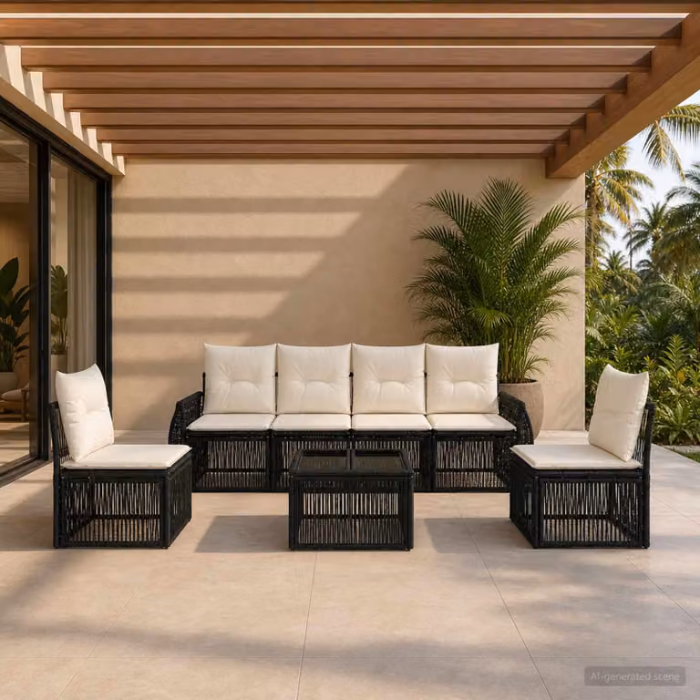 Set Divano da Giardino vidaXL 7 Pezzi in Polyrattan Nero e Bianco Crema con Tavolino e Cuscini Imbottiti