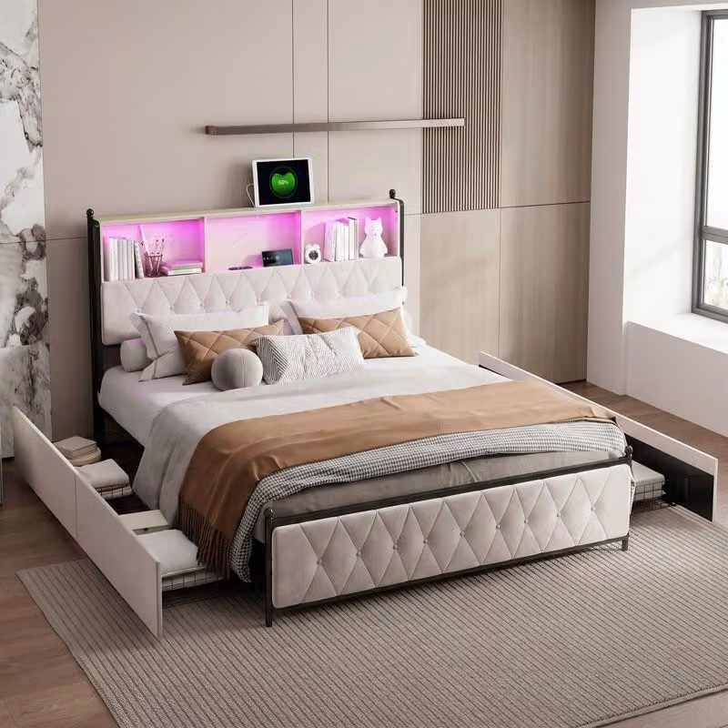 Letto matrimoniale ProximaX 160x200 cm, velluto beige, testiera con vano portaoggetti, illuminazione a LED RGB, 4 cassetti, porta di ricarica USB + Type-C