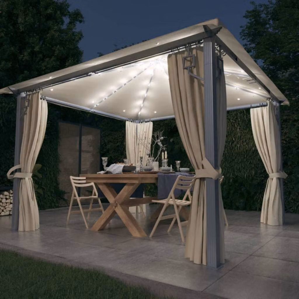 Gazebo The Living Store con tende e luci LED 300x300 cm alluminio crema