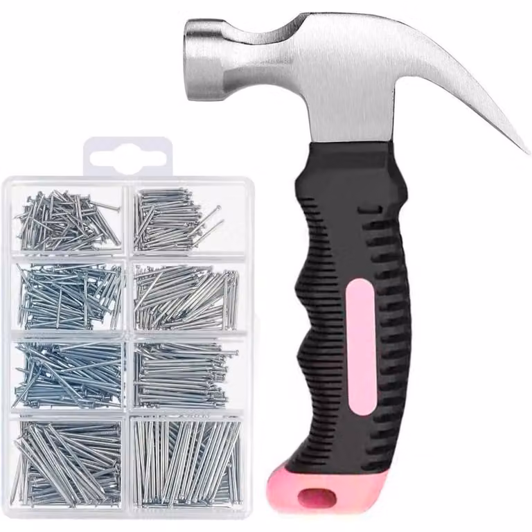 Set di martelli con 560 chiodi e mini-martello, set assortito, chiodi per muri, chiodi di finitura