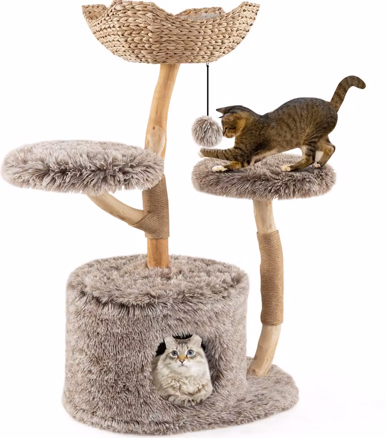 COSTWAY 105cm tiragraffi in legno, albero per gatti con grotta per gatti, 2 sedute in peluche, cesto e palla, tiragraffi per gatti, albero per arrampicata per gatti, marrone
