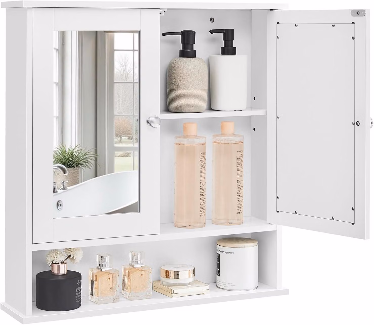 Specchio da bagno – Mobile a muro con ante a specchio e ripiano – Bianco – 22 x 13 x 58 cm