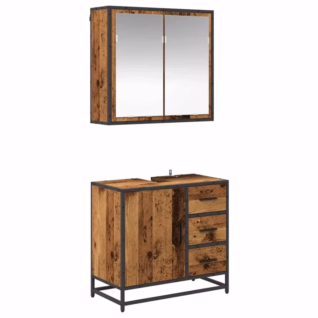 Set di mobili per il bagno moderno vidaXL composto da mobile lavabo e armadietto con specchio in legno e metallo marrone L/P/H: 65 x 33 x 60 cm – 2