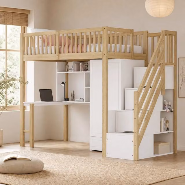Letto a soppalco 90x200 cm con armadio, scrivania e scala contenitore in legno