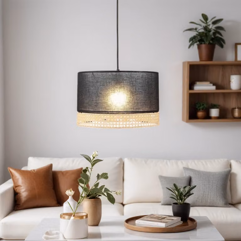 Lampada a sospensione in tessuto rattan Ø 38,5 cm nero marrone E27 moderna lampada a sospensione soggiorno sala da pranzo camera da letto