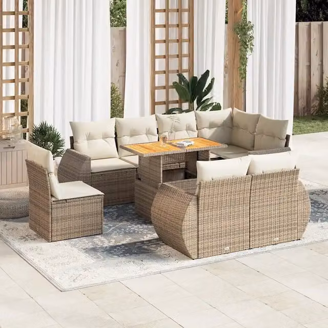 Set Divano da Giardino a L vidaXL 9 pz con Cuscini Beige e Tavolino in Polyrattan e Legno di Acacia