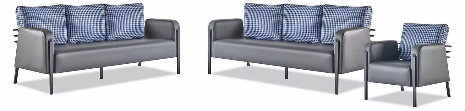 Sofa-Set Grau Blau Ledersofa 3-Sitzer Sessel Modern 1-Sitzer Leder Textil