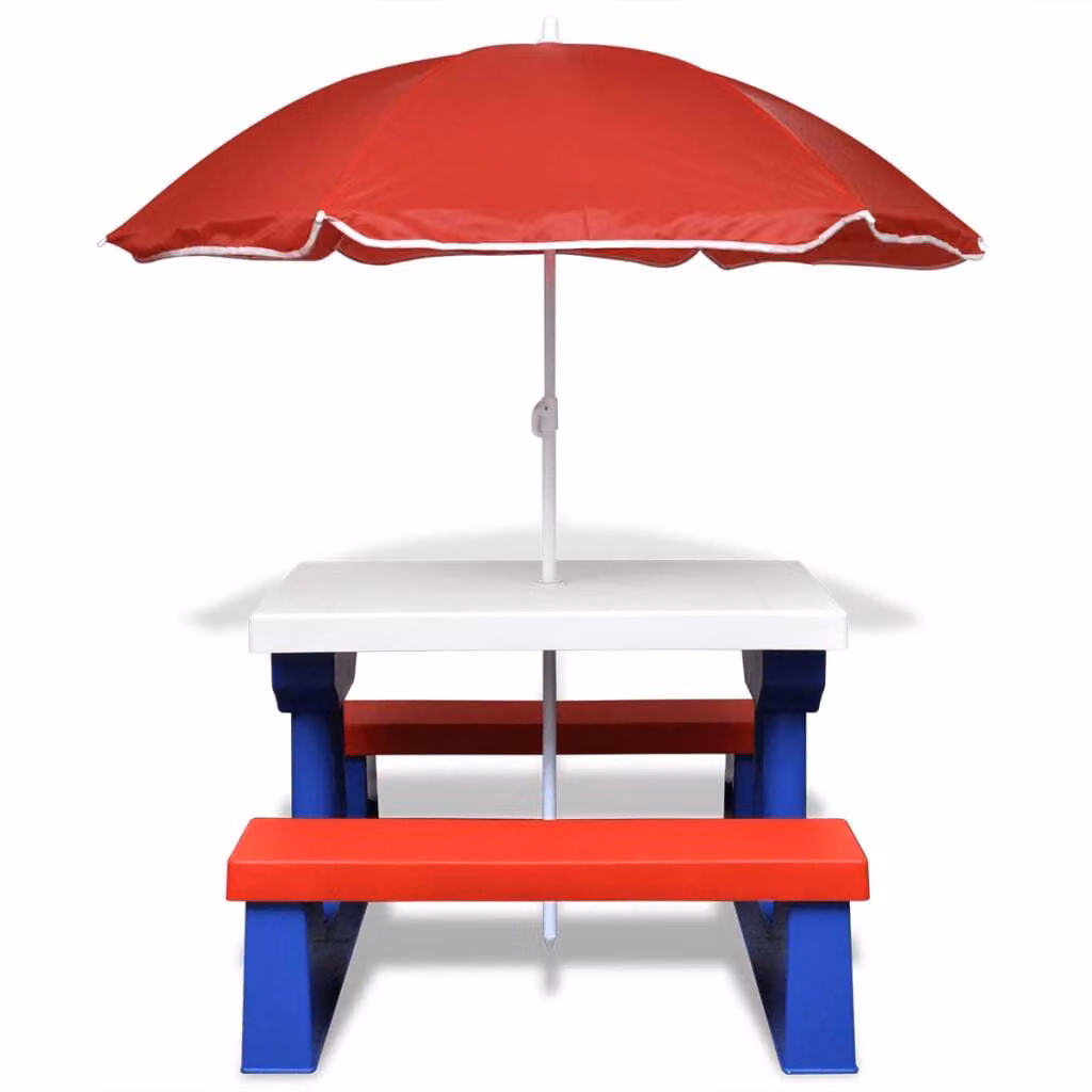 Tavolo e Panchine Picnic per Bambini con Parasole Multicolore