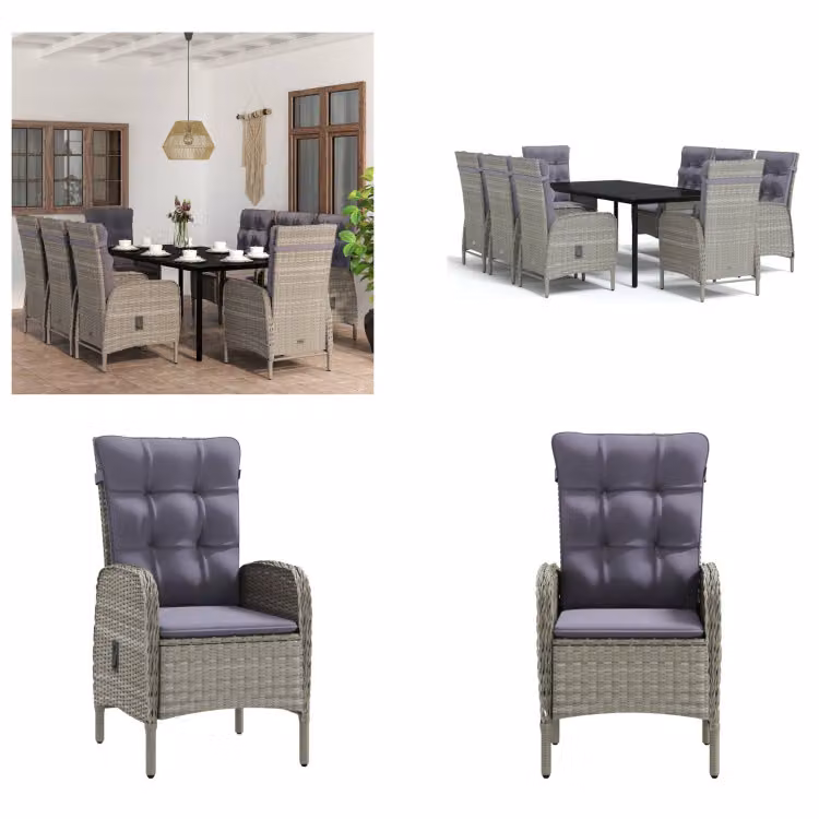 vidaXL Set da pranzo da giardino 9 pezzi con cuscini grigio e nero - Set da pranzo da giardino - Set da pranzo da giardino - Set di mobili da giardino - Set di mobili da giardino