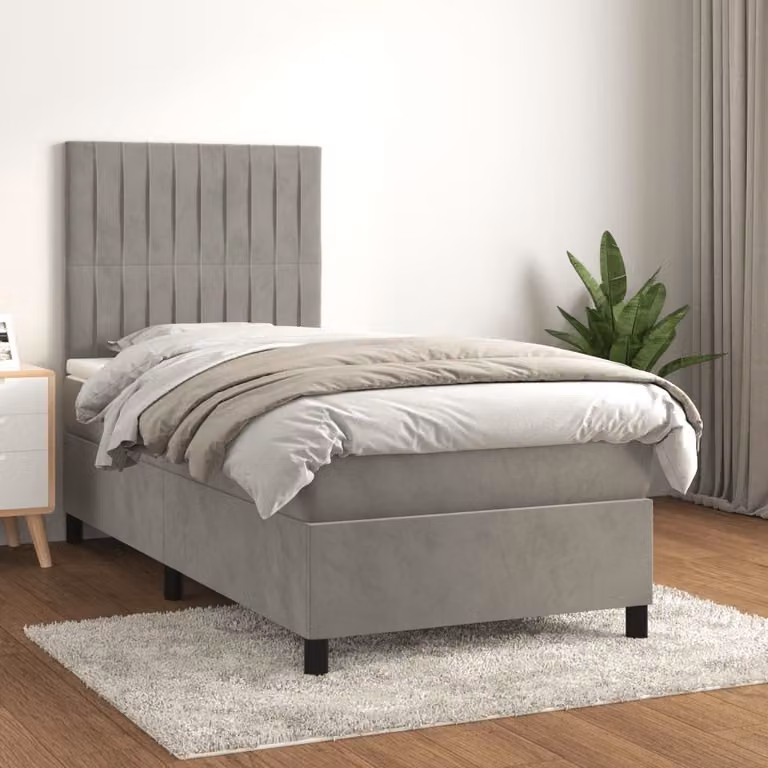 The Living Store Letto a molle con materasso grigio chiaro 100x200 cm in velluto