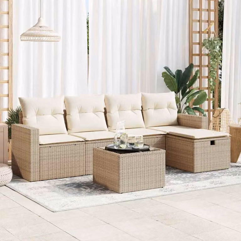 Set Divano da Giardino vidaXL 6 pz in Polyrattan con Cuscini Beige e Tavolino, Design Moderno a L per Terrazza e Giardino